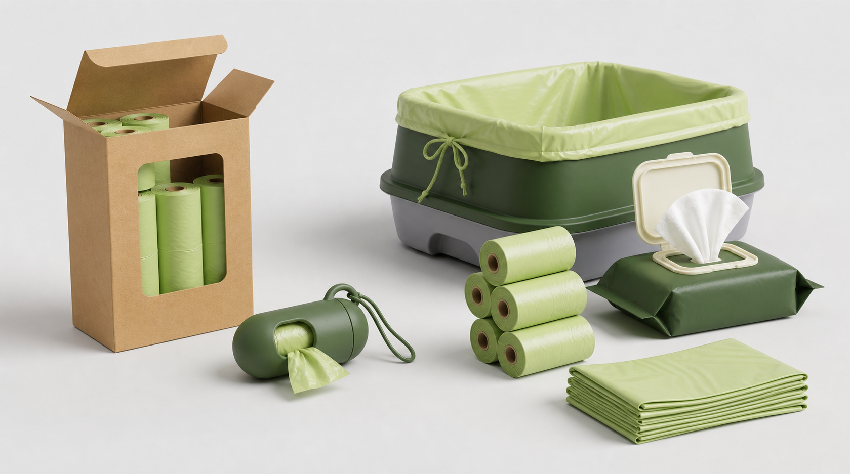 AoraForge compostable pet clean-up range with dog waste bags, cat litter liners, grooming wipes and leash dispenser